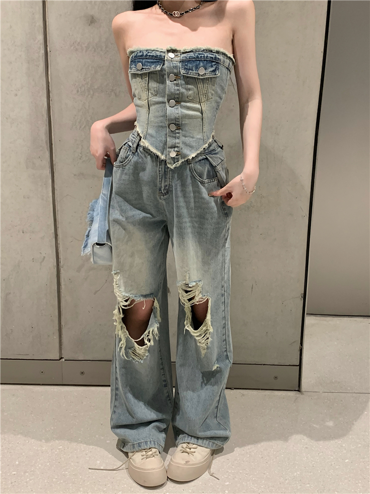 Summer fashion tops wrapped chest holes jeans 2pcs set