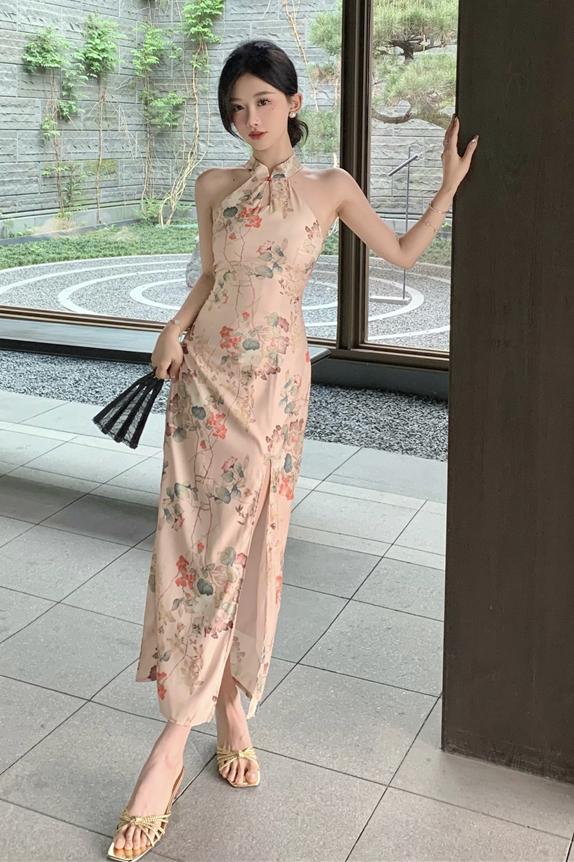 Chinese style halter dress summer pinched waist cheongsam