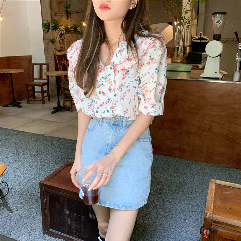 Doll collar floral shirt double retro tops
