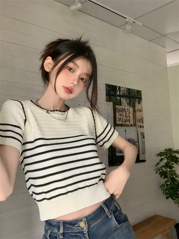 Knitted stripe short tops short sleeve white T-shirt