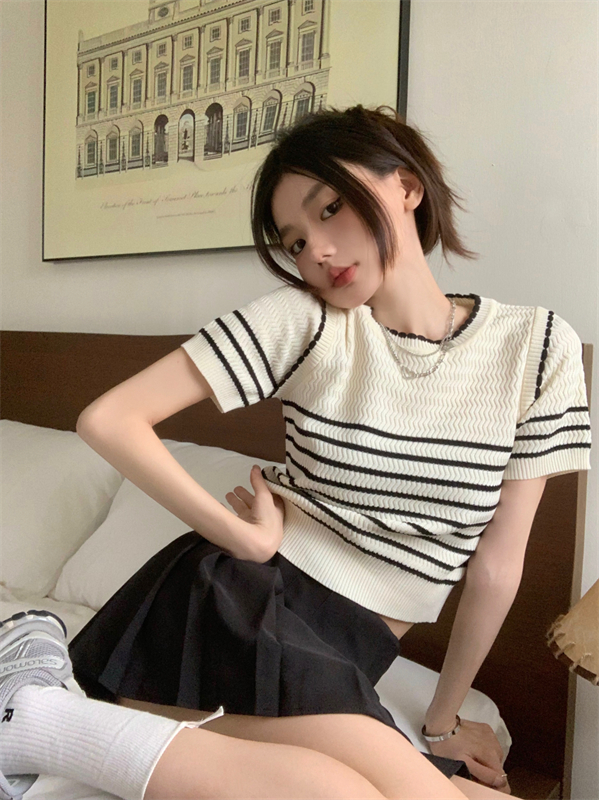 Knitted stripe short tops short sleeve white T-shirt