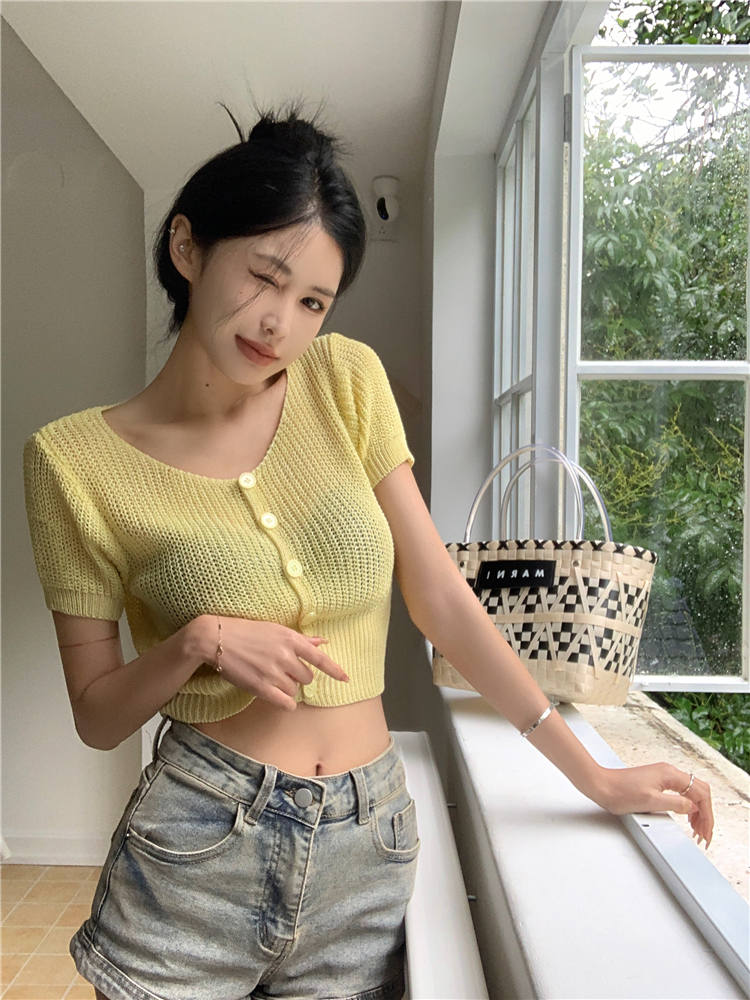 Bottoming square collar short tops knitted navel cardigan