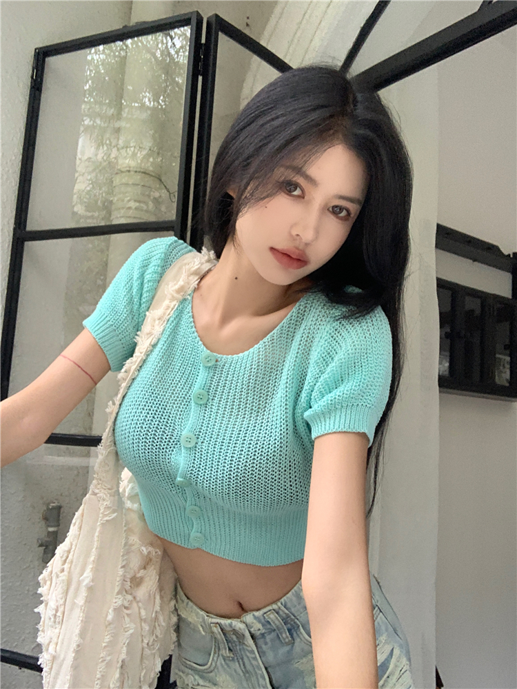 Bottoming square collar short tops knitted navel cardigan