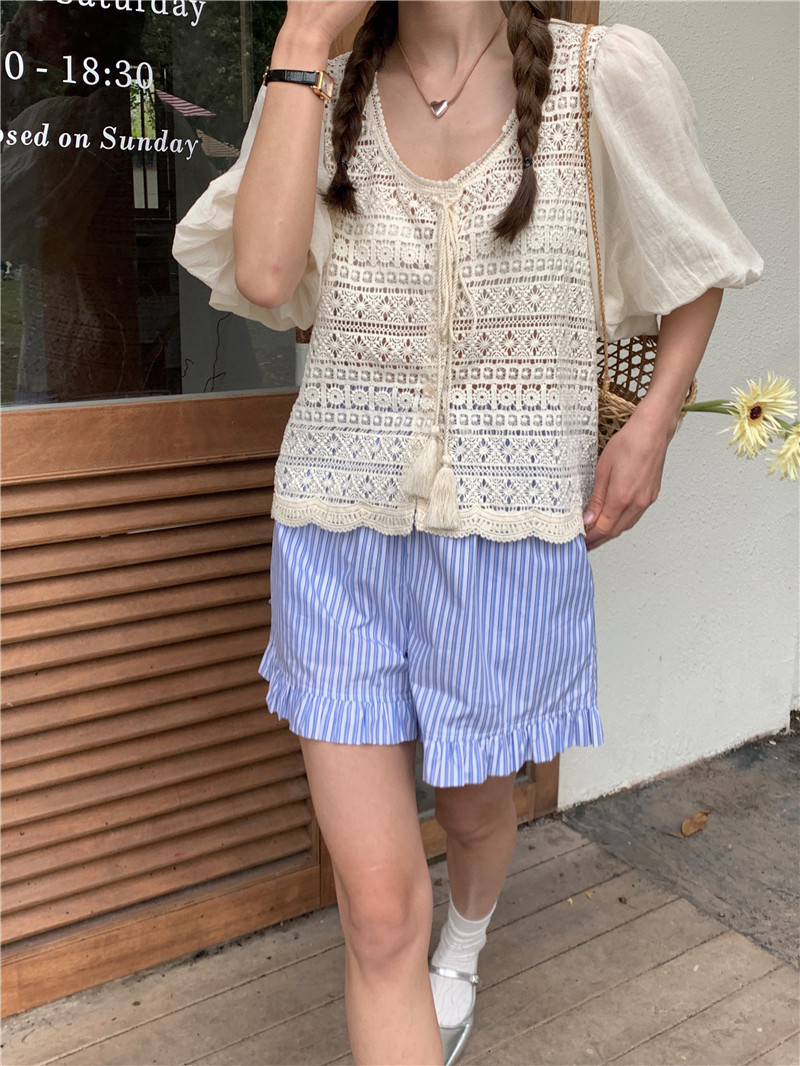 Frenum Korean style crochet short sleeve embroidery tops