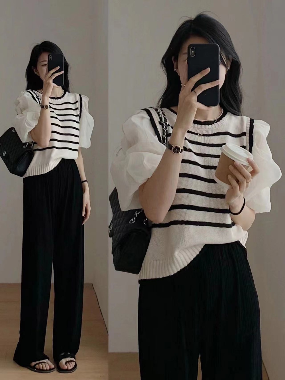 Pseudo-two knitted T-shirt puff sleeve tops