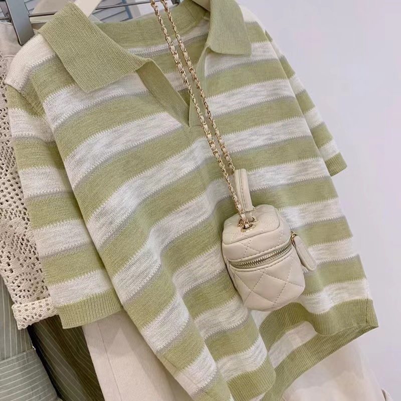 Summer knitted stripe tops ice silk short sleeve loose T-shirt