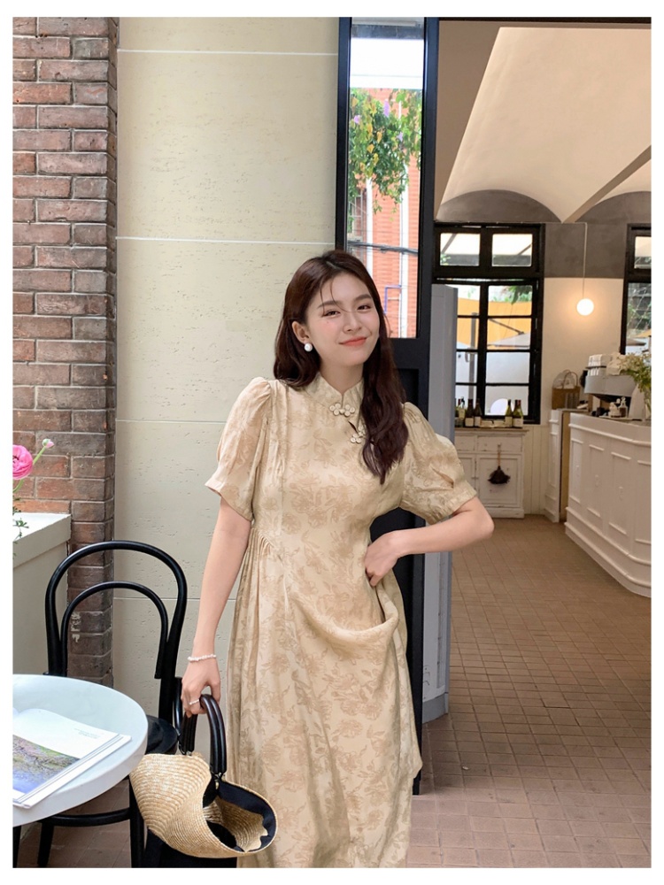Chinese style pinched waist cstand collar printing dress