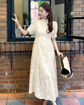 Chinese style pinched waist cstand collar printing dress