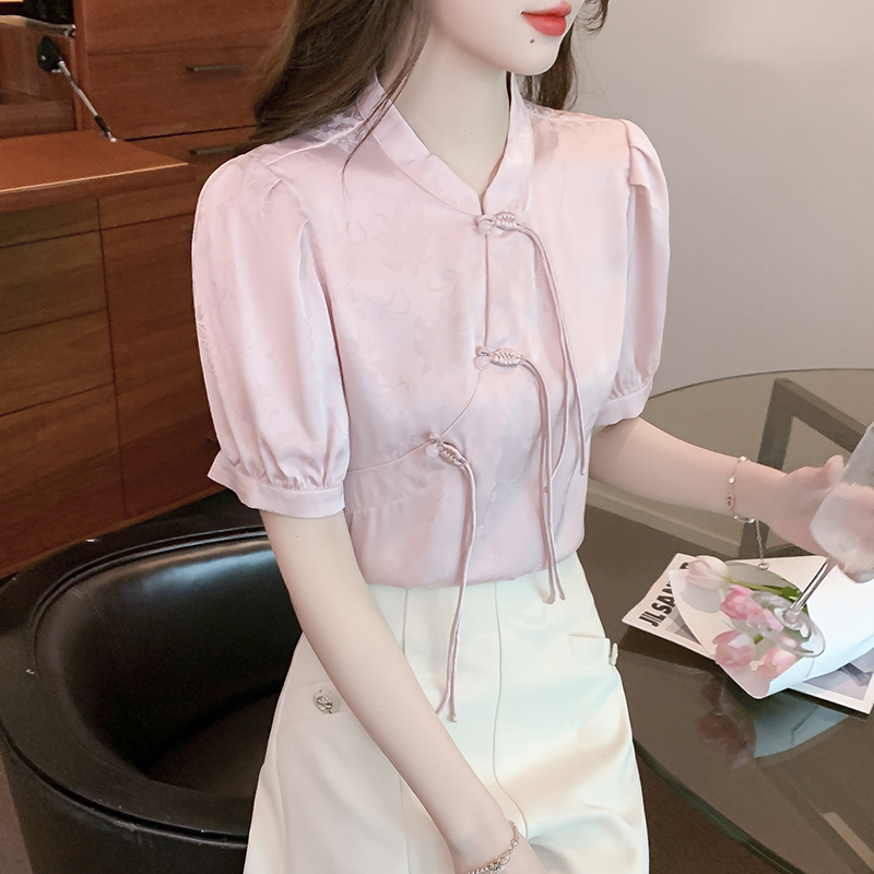 Chinese style summer cheongsam puff sleeve tops for women