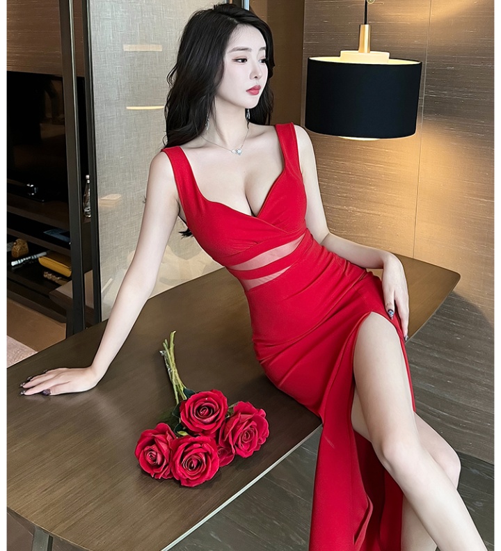 Split gauze perspective cheongsam low-cut sexy dress