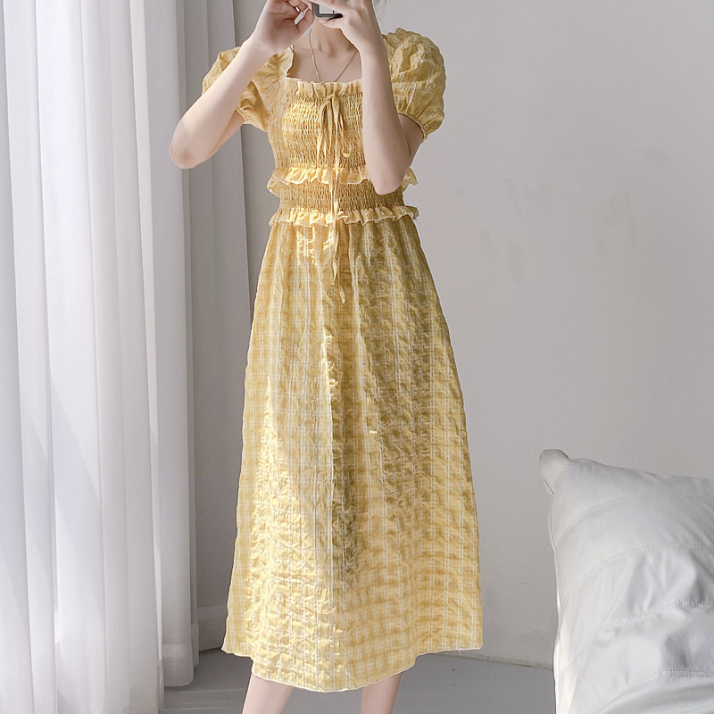 Stunning France style long dress retro plaid dress
