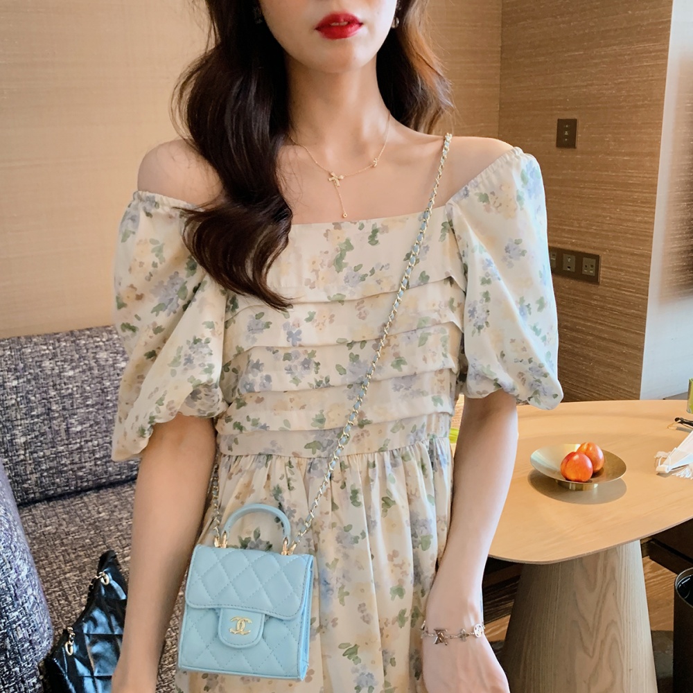 Slim sweet lady square collar floral dress for women