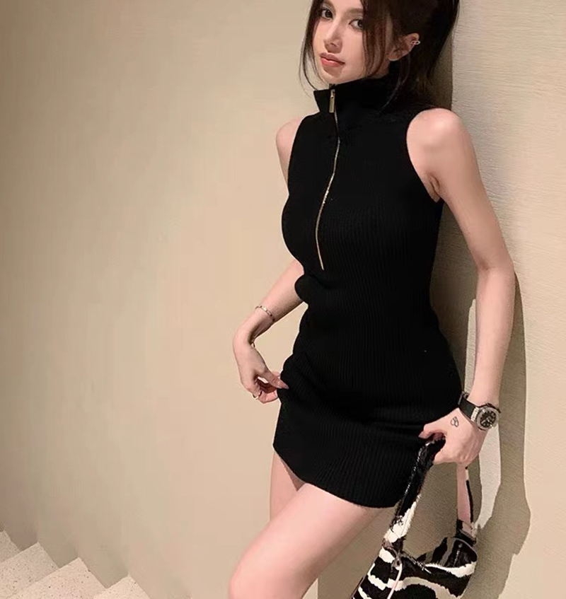 Slim zip package hip dress sexy knitted sleeveless T-back