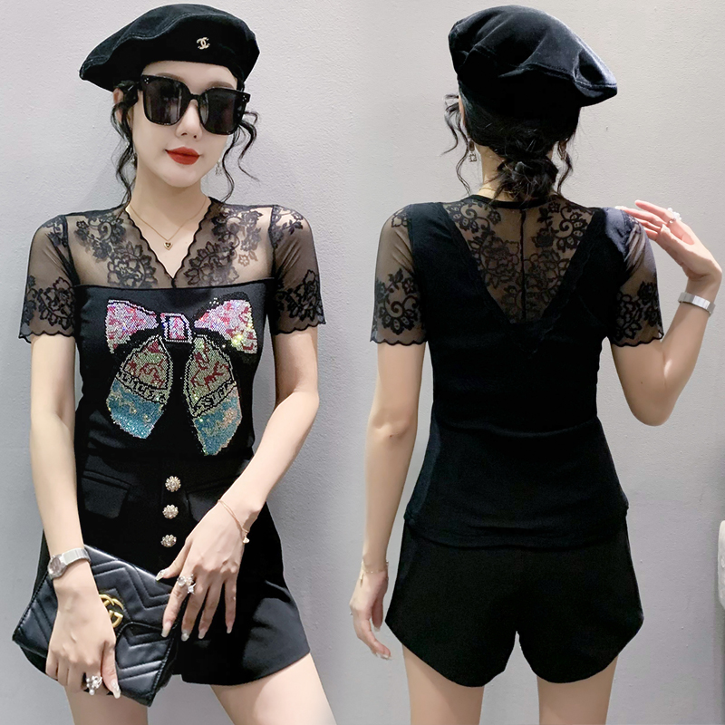 Slim sexy summer hollow lace short sleeve tops for women