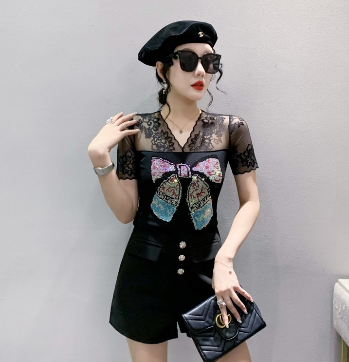 Slim sexy summer hollow lace short sleeve tops for women
