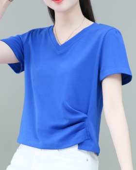 Pure cotton V-neck tops summer Western style T-shirt for women