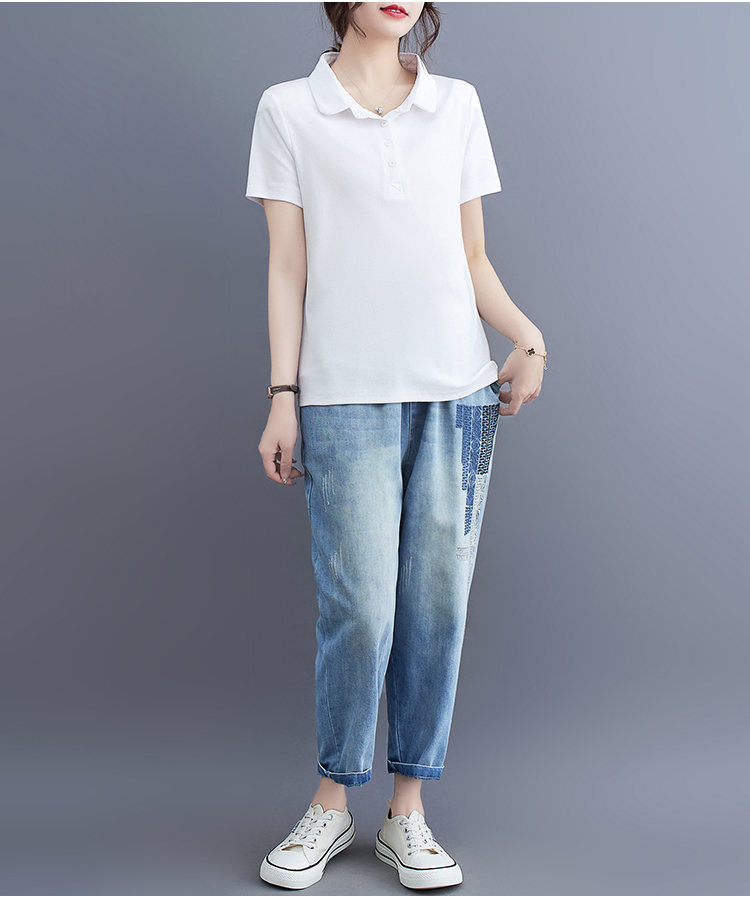 Collocation loose short sleeve jeans summer tops 2pcs set for women