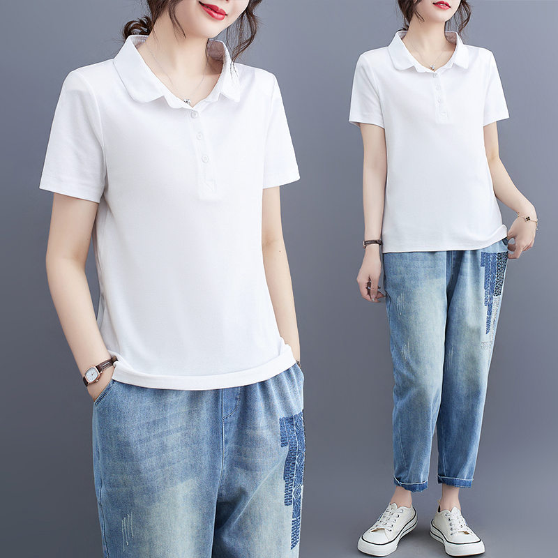 Collocation loose short sleeve jeans summer tops 2pcs set for women