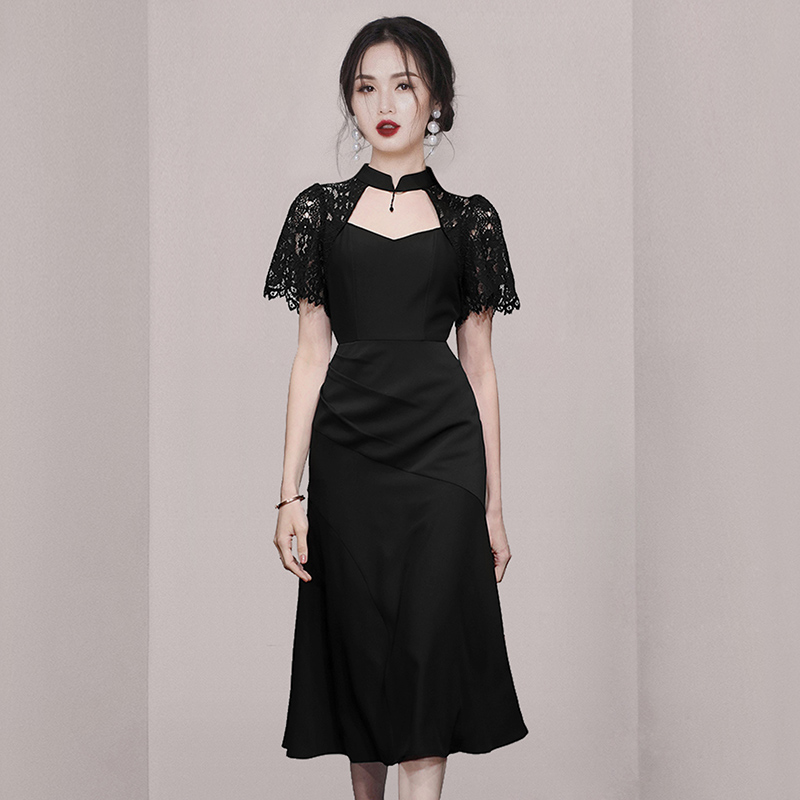 Pinched waist summer lace ladies cstand collar dress