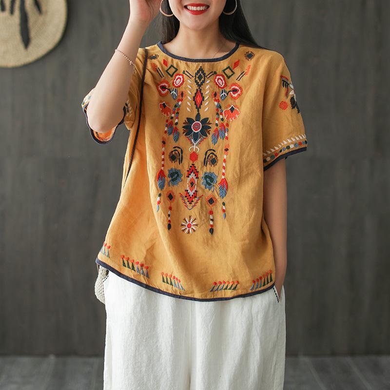 Summer retro T-shirt embroidery pullover tops for women