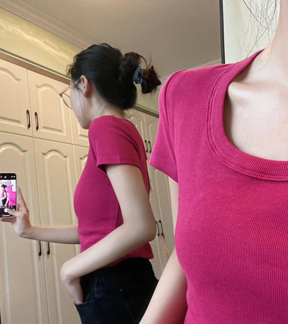 Short high waist tops U-neck T-shirt for women