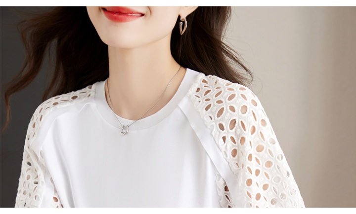 Hollow white T-shirt summer round neck tops for women