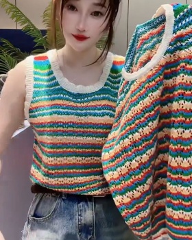Summer hollow vest knitted stripe T-shirt for women