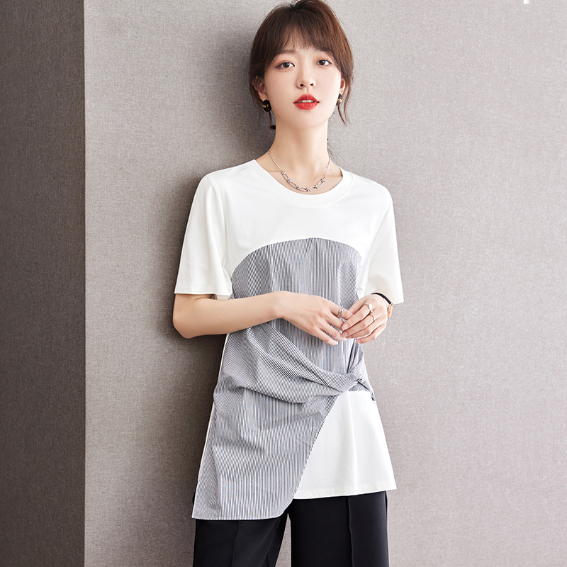 Summer Pseudo-two tops France style T-shirt for women