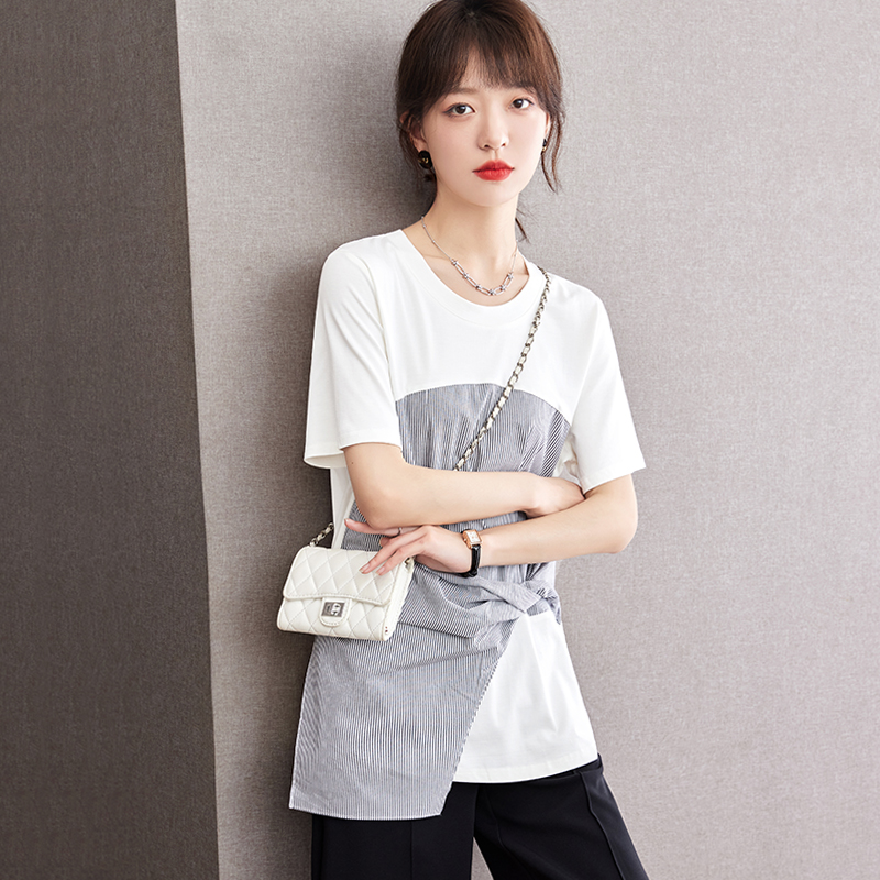 Summer Pseudo-two tops France style T-shirt for women