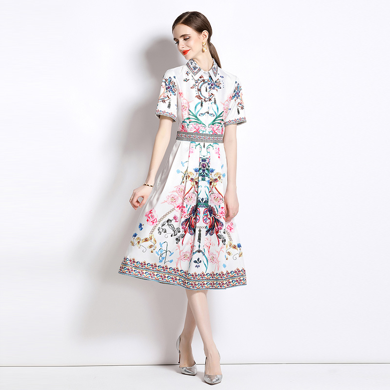 Printing slim fashion European style pinched waist all-match dress