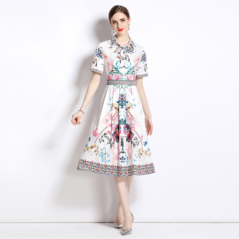 Printing slim fashion European style pinched waist all-match dress
