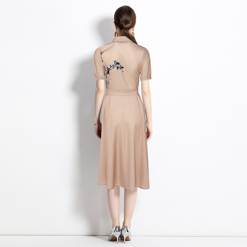 Printing fashion pinched waist all-match slim dress