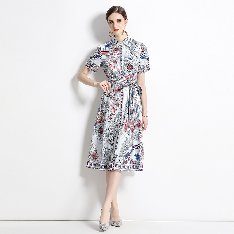 Fashion pinched waist printing slim all-match dress