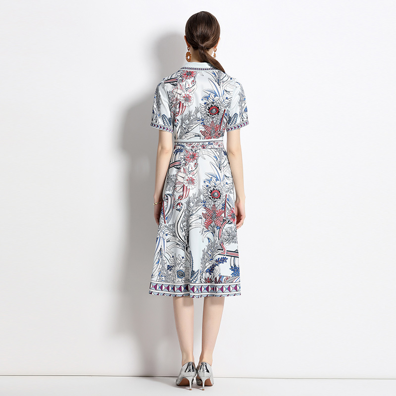 Fashion pinched waist printing slim all-match dress