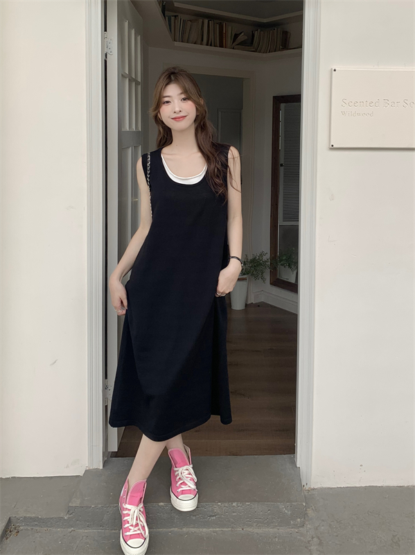 Korean style Pseudo-two long dress black loose dress