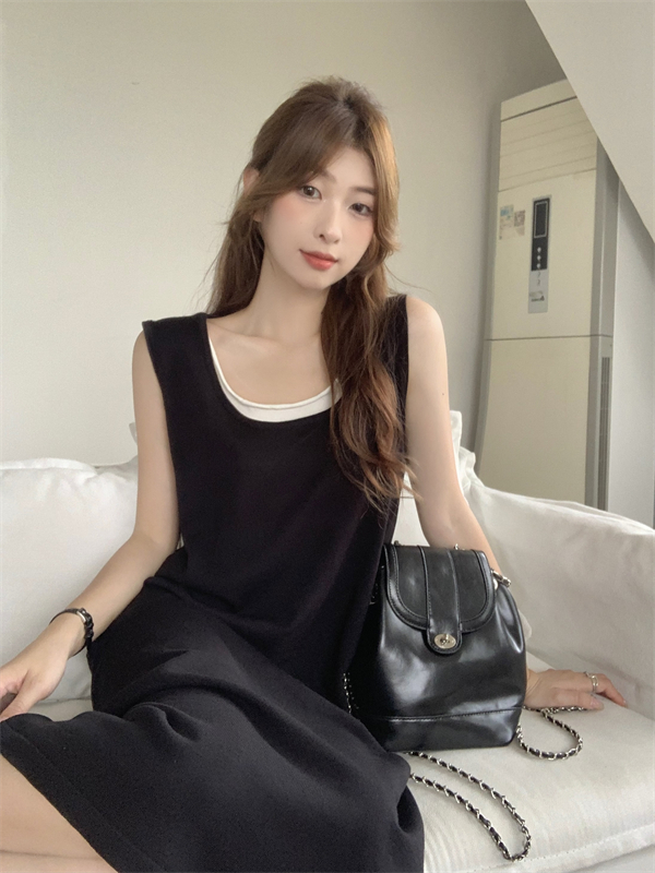 Korean style Pseudo-two long dress black loose dress