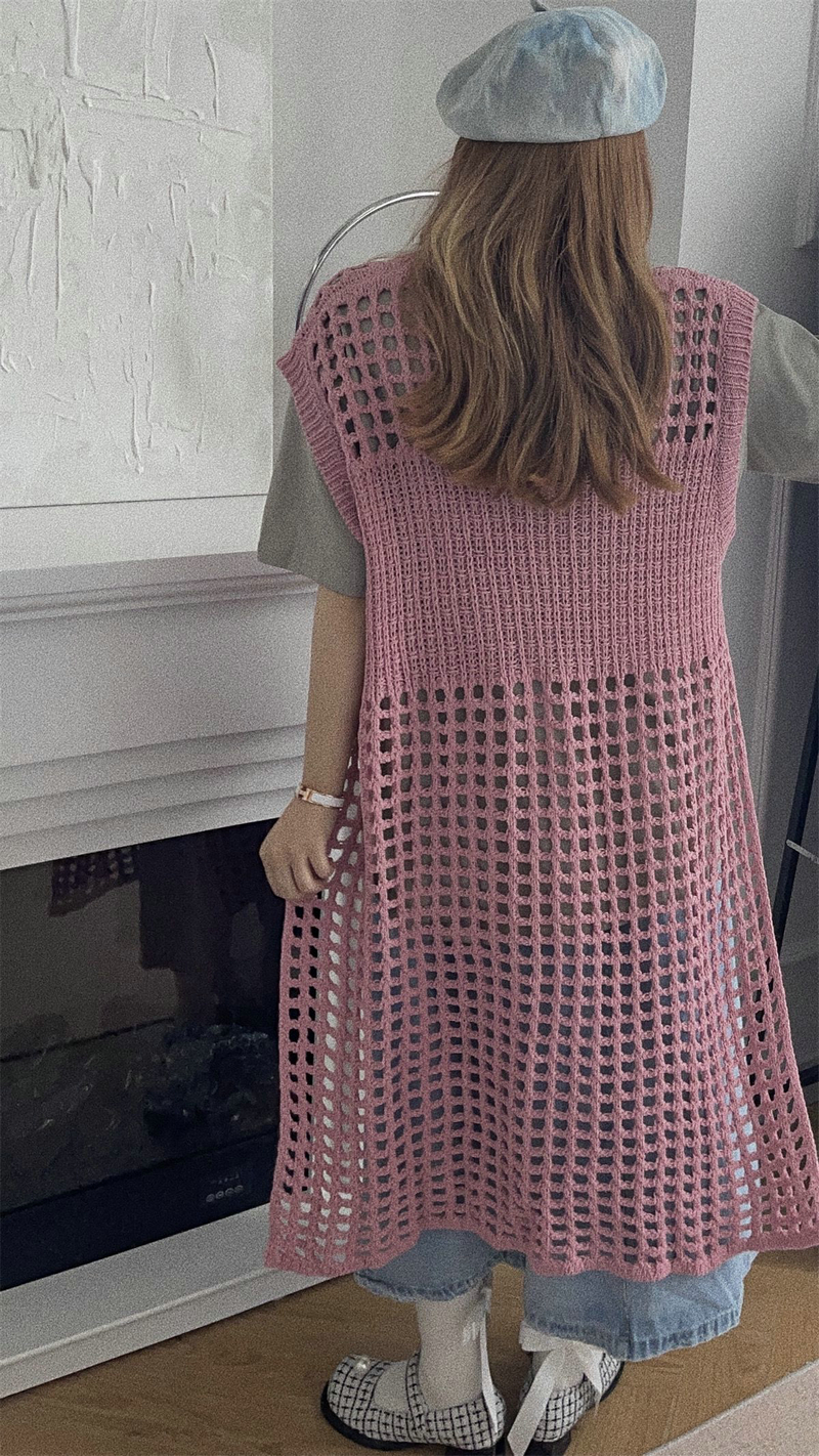 Grid hollow waistcoat knitted dress for women