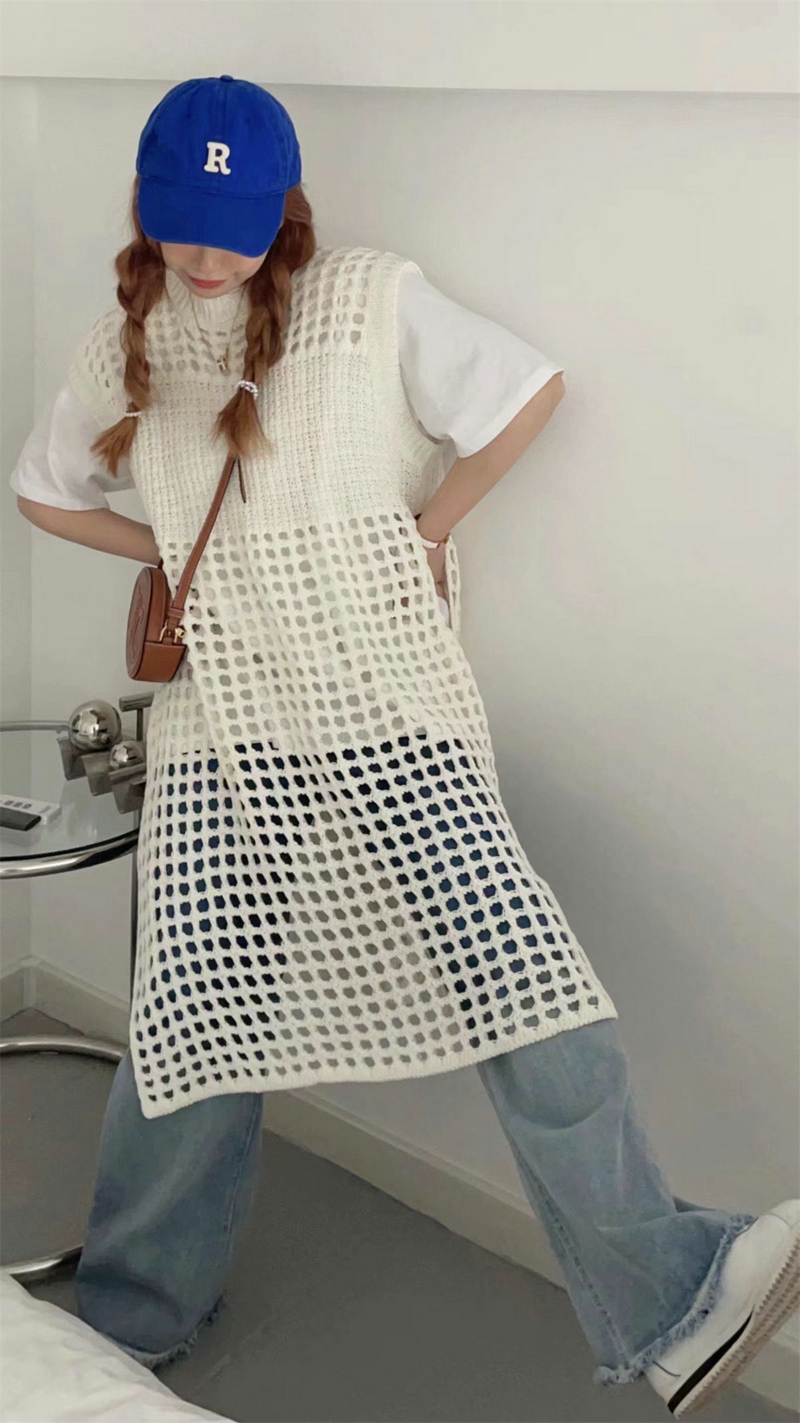 Grid hollow waistcoat knitted dress for women