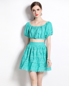 Fashion lace summer splice embroidery skirt 2pcs set