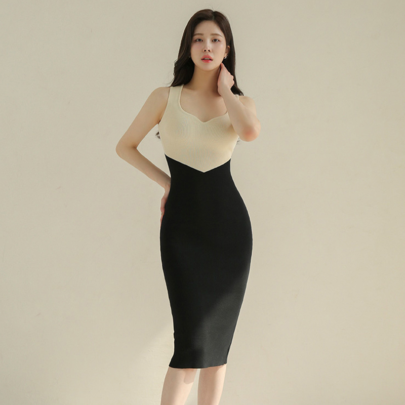 Slim mixed colors T-back knitted dress for women