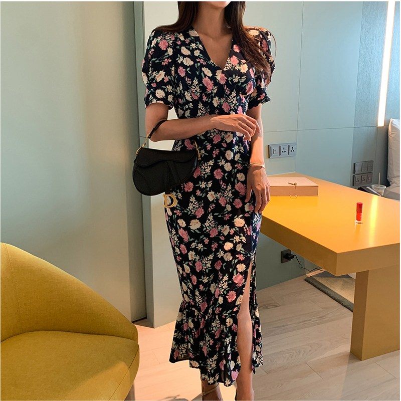 Flowers short sleeve long fresh slim split V-neck dress