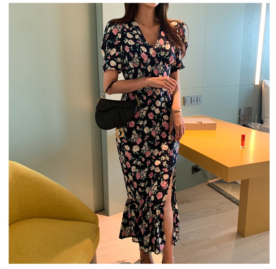 Flowers short sleeve long fresh slim split V-neck dress