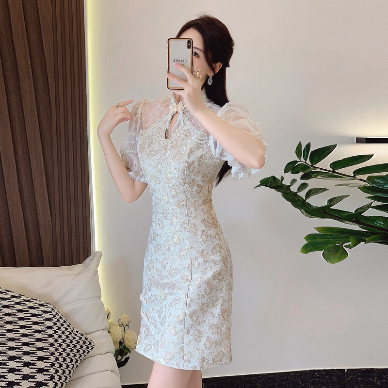 Puff sleeve apricot dress slim summer cheongsam