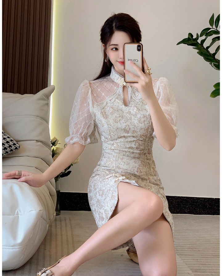 Puff sleeve apricot dress slim summer cheongsam