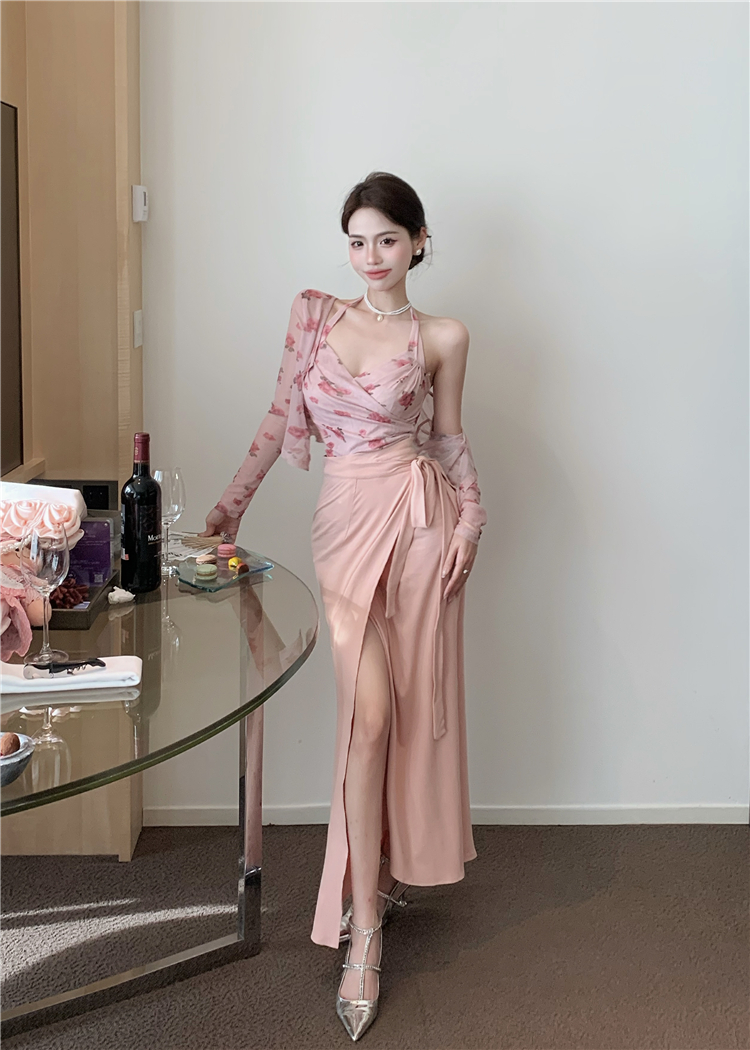 Long floral tender shawl sexy V-neck sling skirt 3pcs set