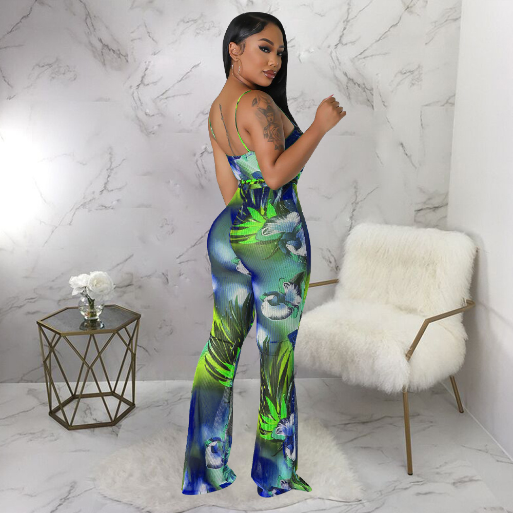 Printing halter leotard sexy flare pants a set for women