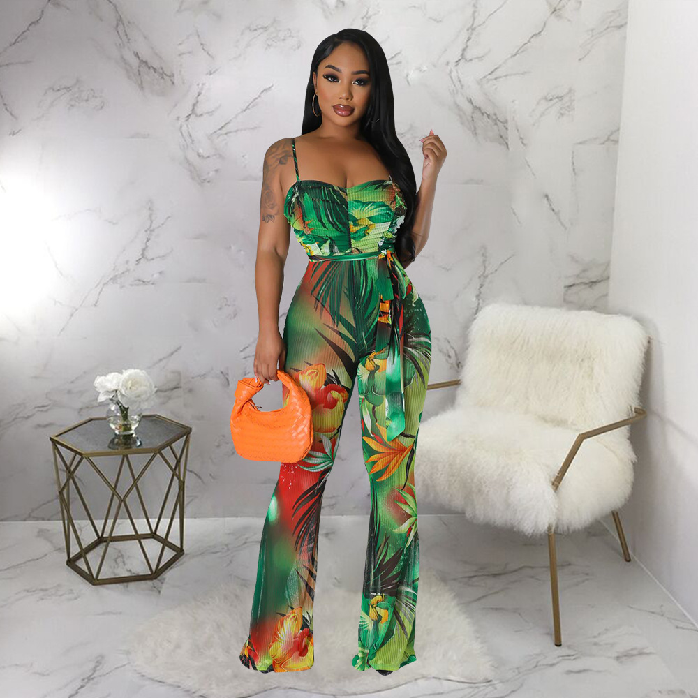 Printing halter leotard sexy flare pants a set for women