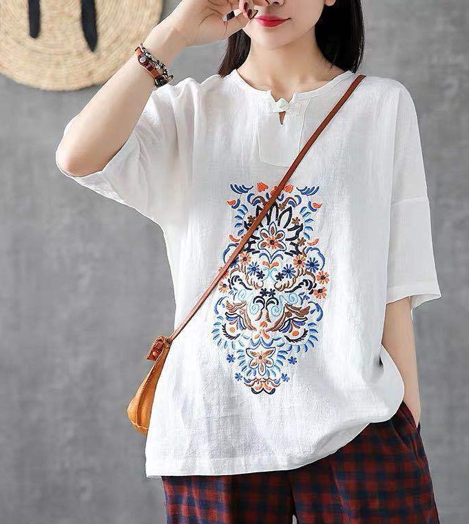 National style embroidery T-shirt summer tops for women