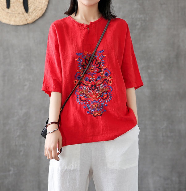 National style embroidery T-shirt summer tops for women