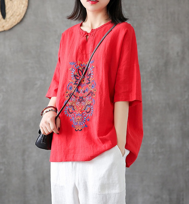 National style embroidery T-shirt summer tops for women